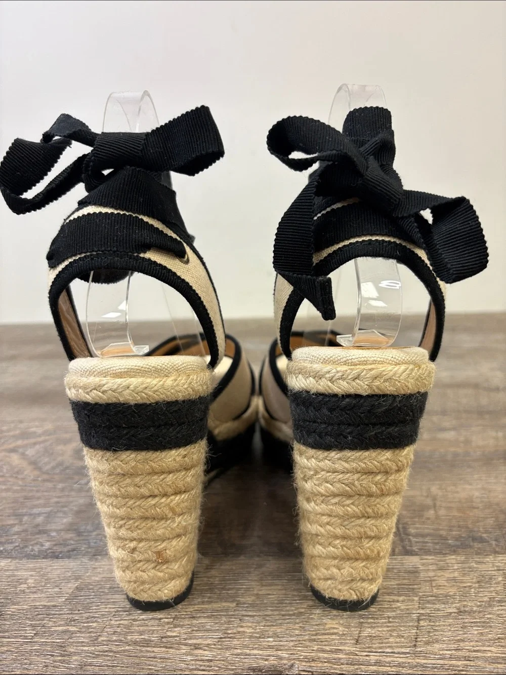 Castañer Canvas Espadrille Wedge Sandals Black Ivory Ankle Tie Size 38